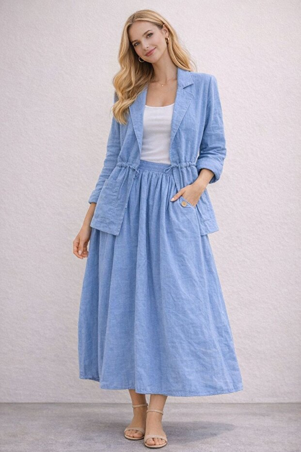 Women's New Season 100% Cotton Fabric Drawstring Jacket and Double Button Skirt (2-Piece Combination) 44/48