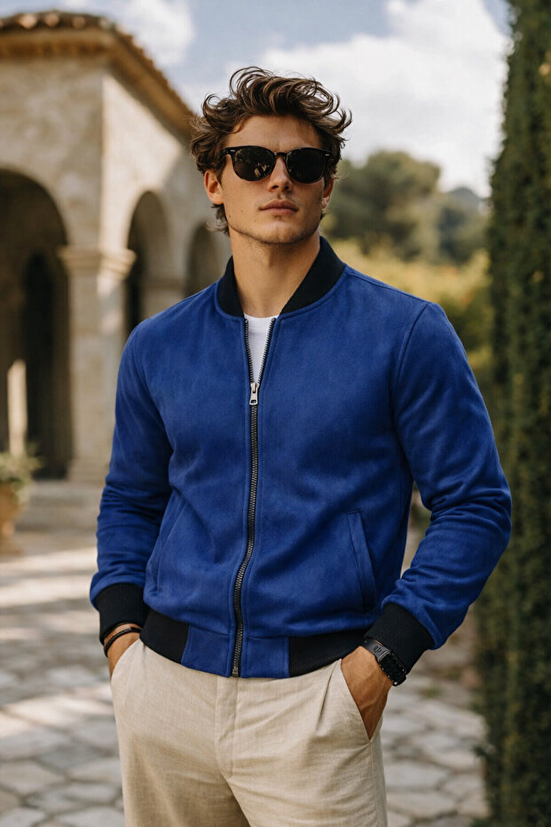 Men's Premium Comfort Basic Nubuck Suede Navy Blue Jacket