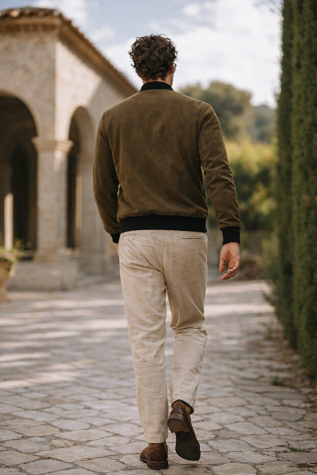 سترة رجالية فاخرة مريحة من جلد النوبوك باللون الكاكي - 6