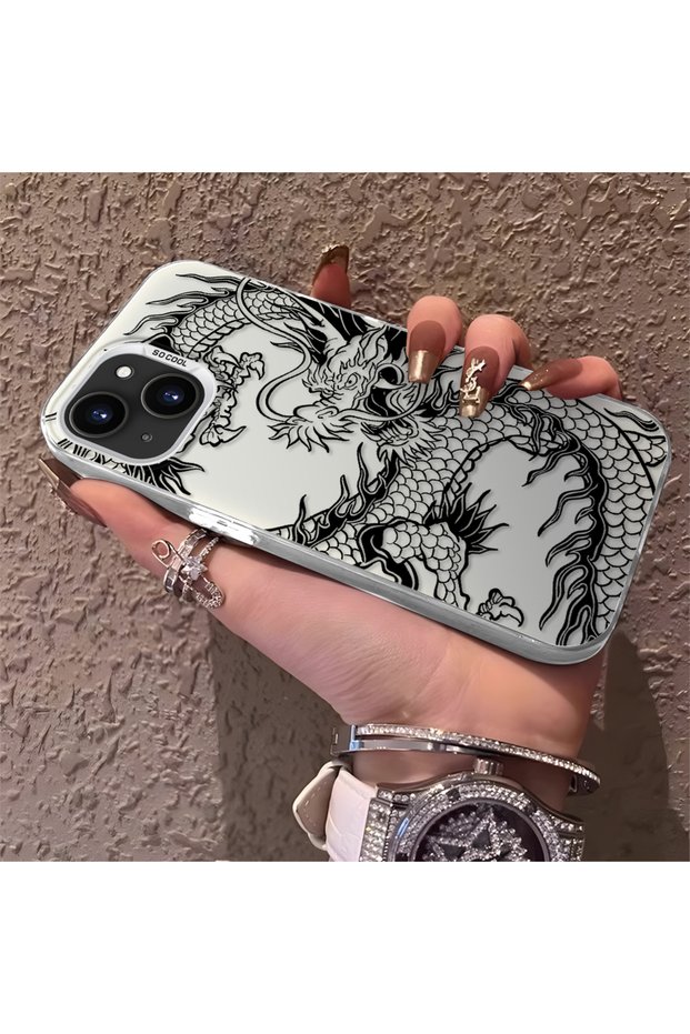 iPhone 14 Plus Compatible Silicone Edge Hard Back Anti-Fall Phone Case Dragon Pattern