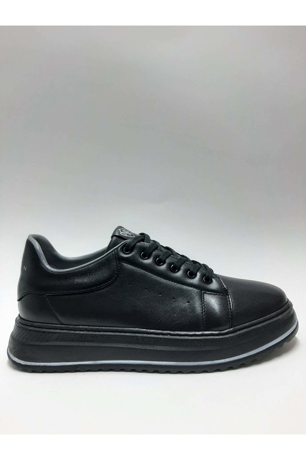 Genuine Leather Lace-Up Black Color Lightweight Comfortable Sneaker Model Daily Men's Shoes