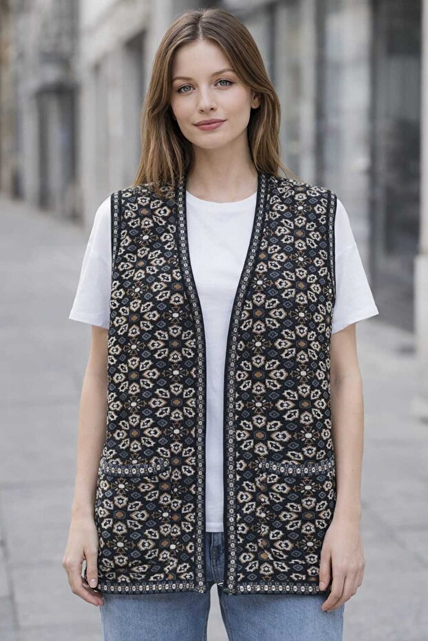 Women's Black Floral Patterned New Kilim Vest with Pockets