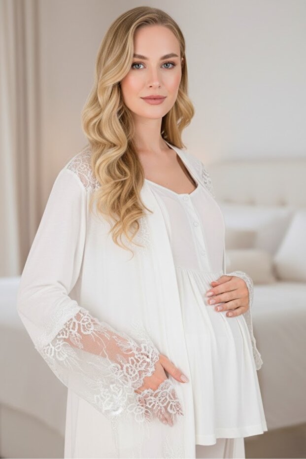 New Season Ecru Lace Short Sleeve Design Buttoned Maternity Long Dressing Gown Pajama Set