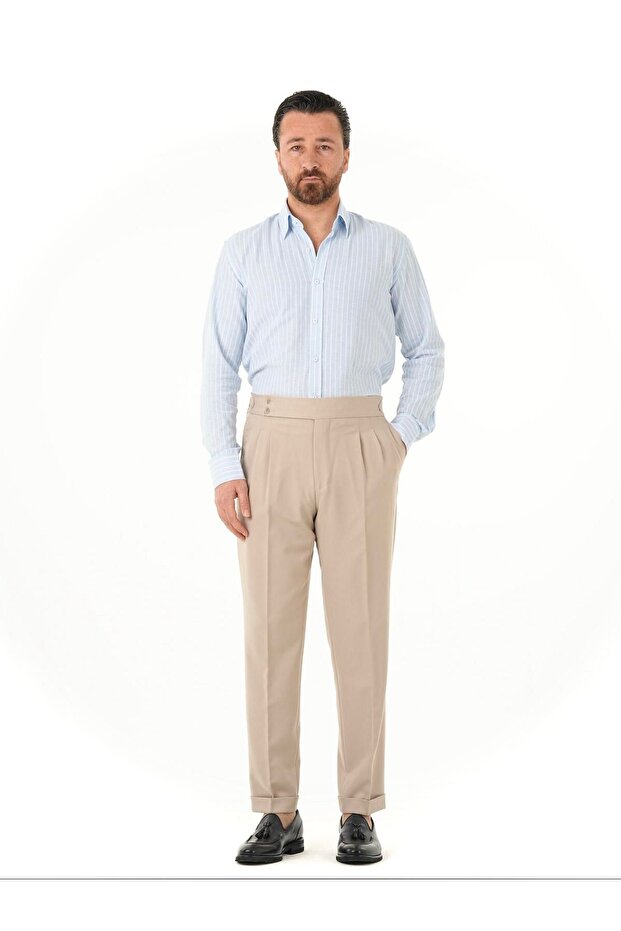 Men's Regular Fit High Waist Pleated Buckle Fabric Trousers