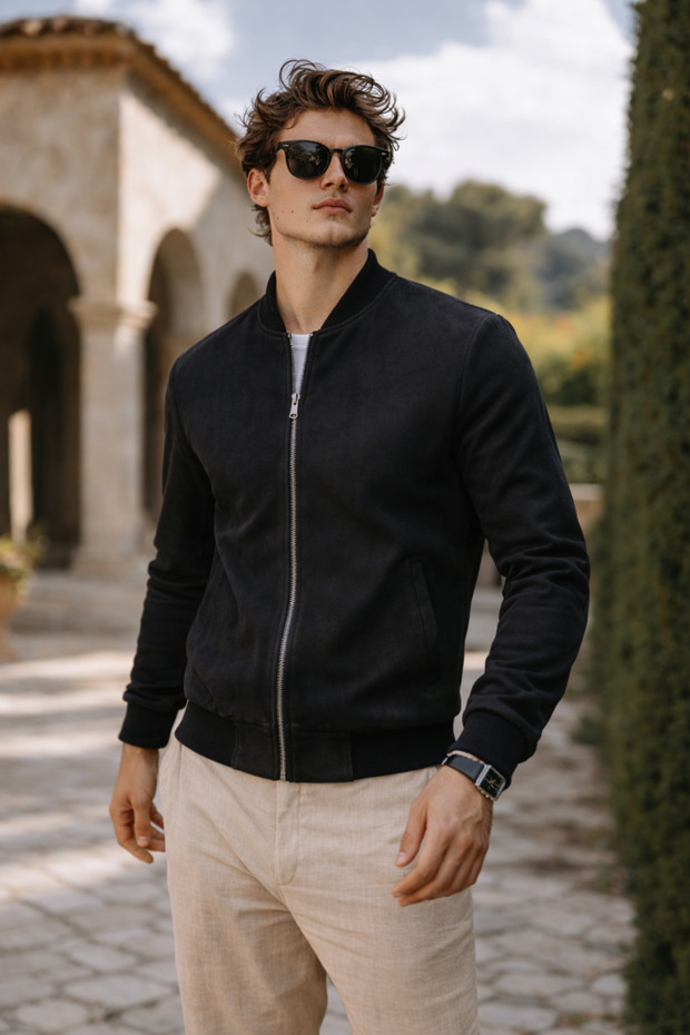 سترة رجالية فاخرة مريحة من جلد النوبوك الأسود - 3