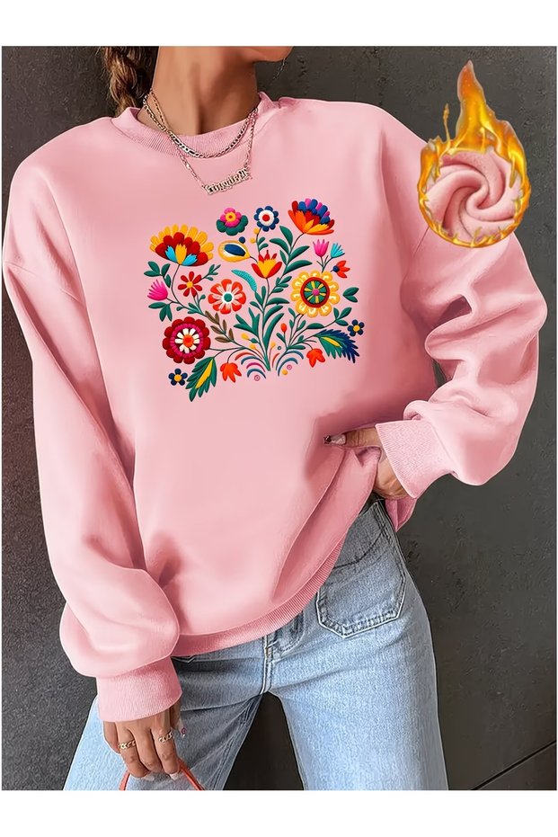 Women's Anatolian Flowers Printed Oversize Crew Neck Sweatshirt