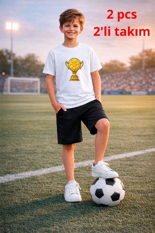Futbol Soccer Themed Printed T-Shirt T-Shirt Shorts Set 2 in 1