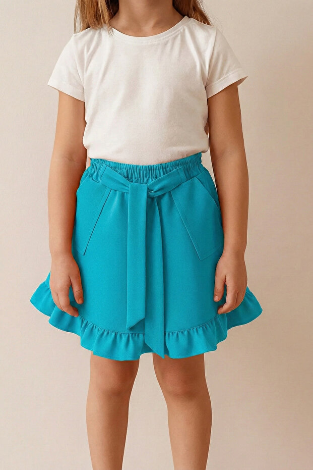 Girl's Turquoise Ruffled Skirt with Pockets and Bow, Elastic Waist, Comfortable Model, April 23, October 29 Show