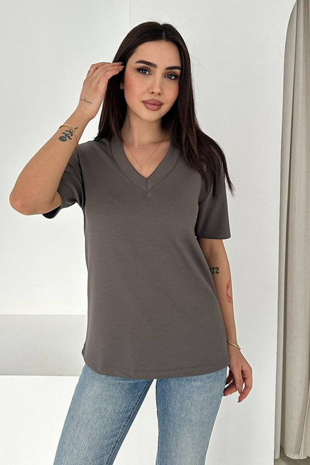 V Yaka Kısa Kollu Tişört – Basic - 1