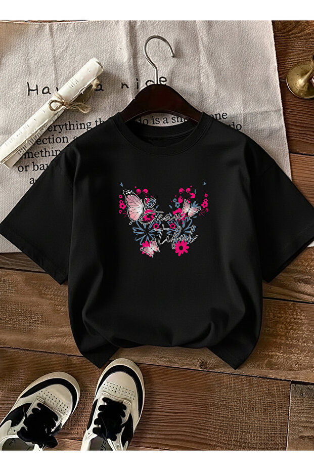 Women's Oversize Fuchsia Butterfly Beam Printed Black T-Shirt