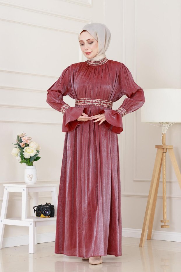 Evening Dress with Flounce Sleeves and Embroidery Detail - Burgundy