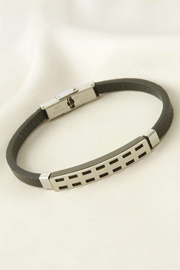 Rectangular Leather Steel Bracelet - 1