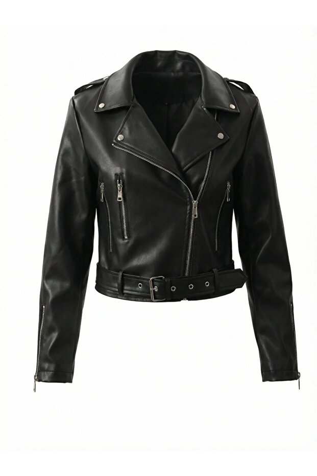 Women's Leather Jacket with Zip and Belt Details