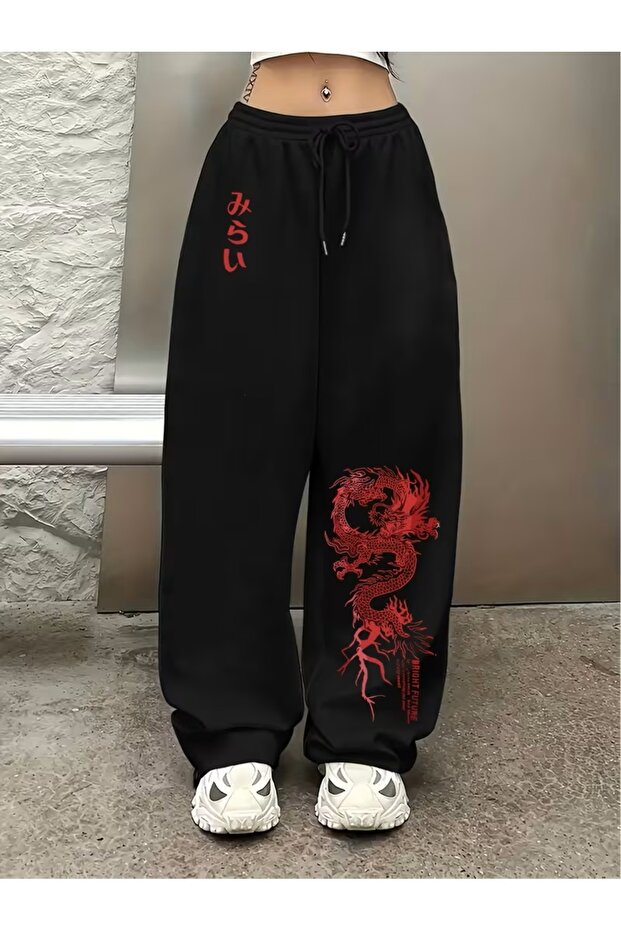 Unisex Red Chinese Dragon Baggy Cut Wide Leg Sweatpants
