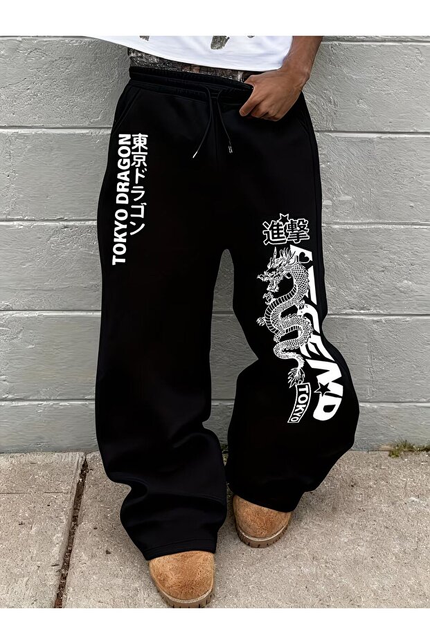 Unisex Tokyo Dragon Printed Baggy Cut Wide Leg Sweatpants