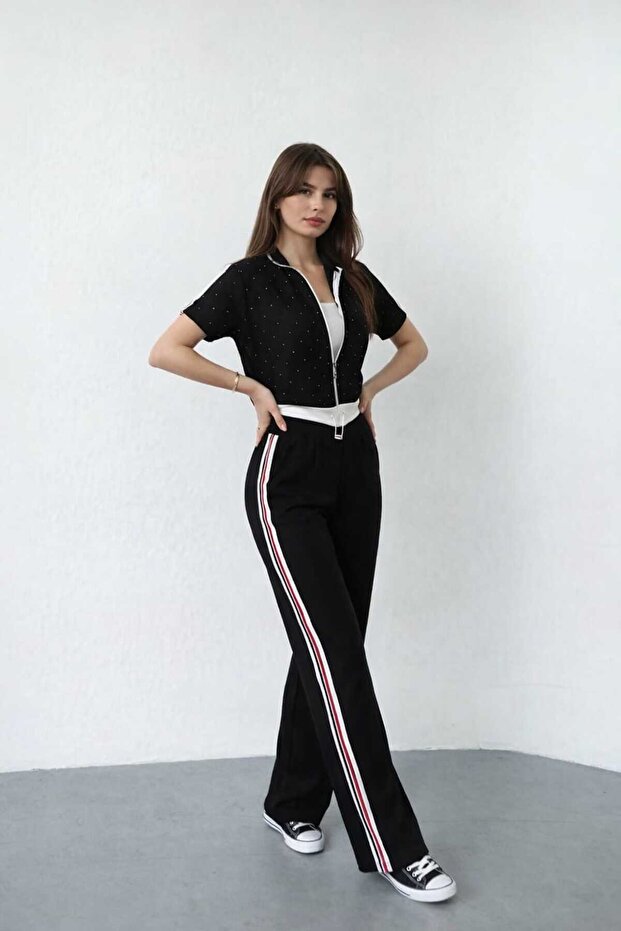 Women's Short Sleeve Modal Tracksuit Set with Stone Detailing and Garnish
