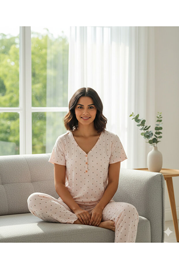 Women's Short Sleeve V-Neck 3 Button Detailed 100% Cotton Floral Pattern Pajama Set