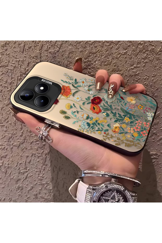 Realme Note 50 Compatible Silicone Edge Hard Back Anti-Fall Phone Case Flowers Pattern