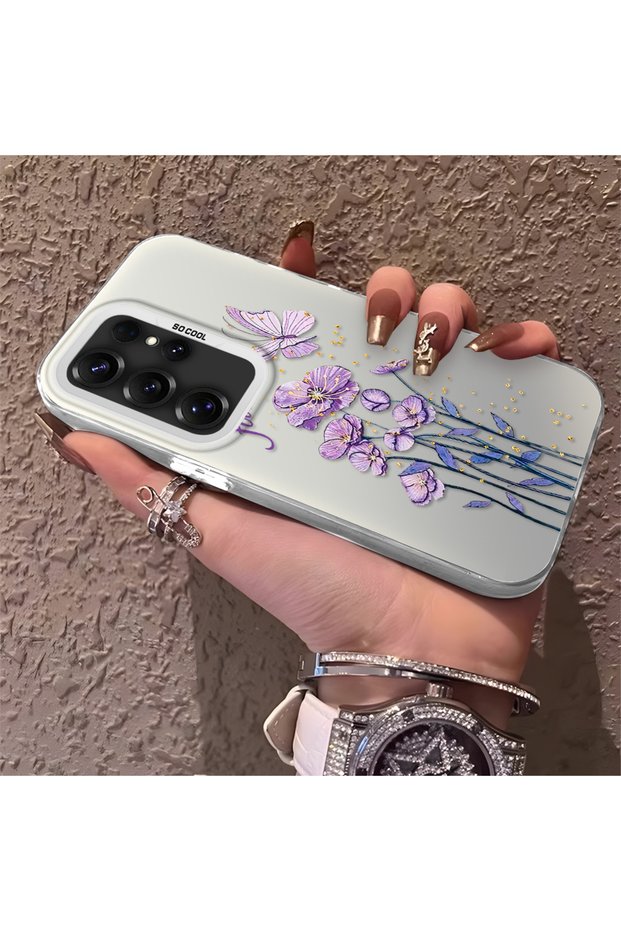 Samsung Galaxy S25 Ultra Compatible Silicone Edge Hard Back Anti-Fall Phone Case with Floral Pattern