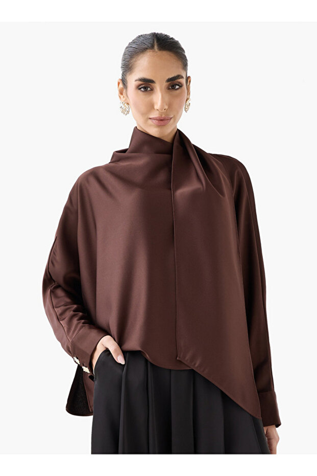 Scarf Draped Top with Long Sleeves