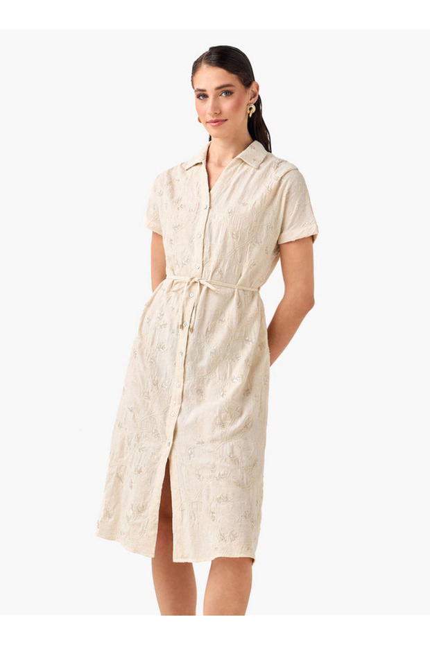 Belted Midi Shirt Dress with Embroidered Design