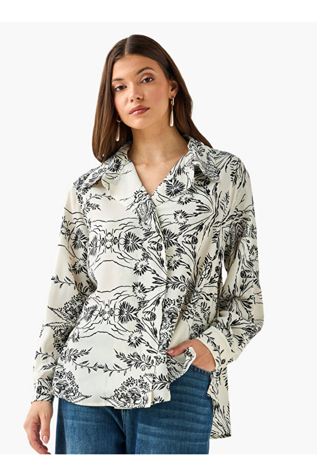 Shirt with Floral Print and High-Low Hem