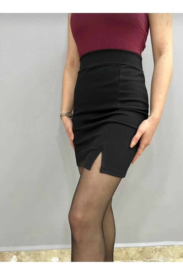 Elastic Waist Scuba Fabric Slit Black Mini Skirt
