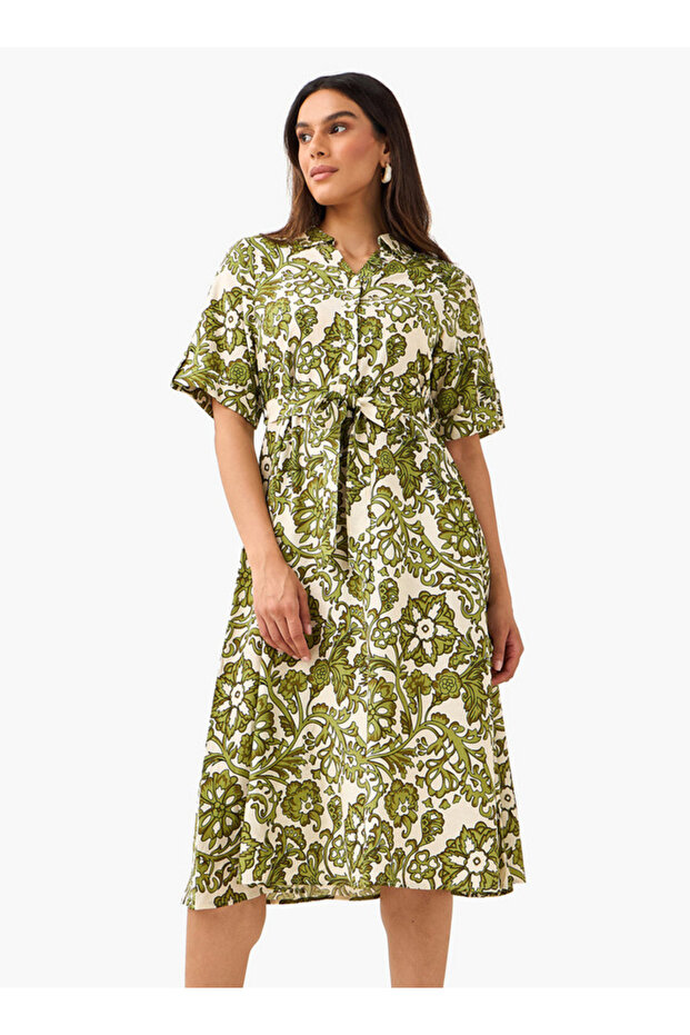 Belted Midi Shirt Dress with Printed Design