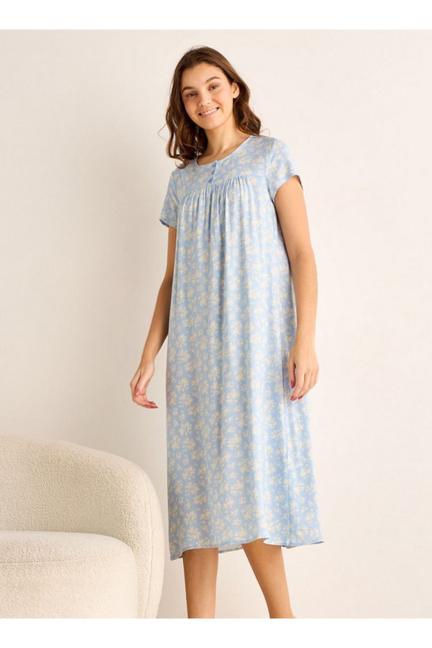 Midi Night Dress Short Sleeves Floral Print Viscose