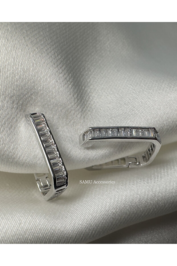 Baguette Stone Geometric Steel Hoop Earrings - Silver Baguette Geo-Hoops
