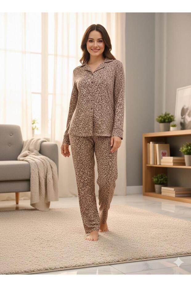 طقم بيجامة بنمط الفهد بأزرار - 2
