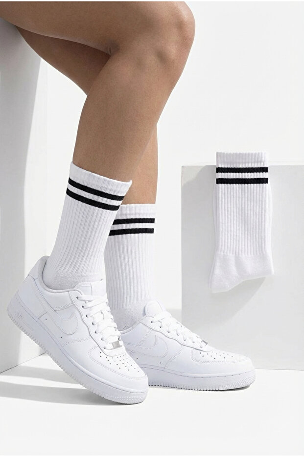 2 Pairs of White Tennis Socks - Striped Retro Sock Set - Cotton Comfort