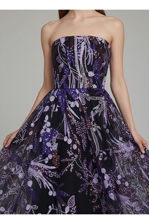 Mor İşlemeli Midi Elbise - 6