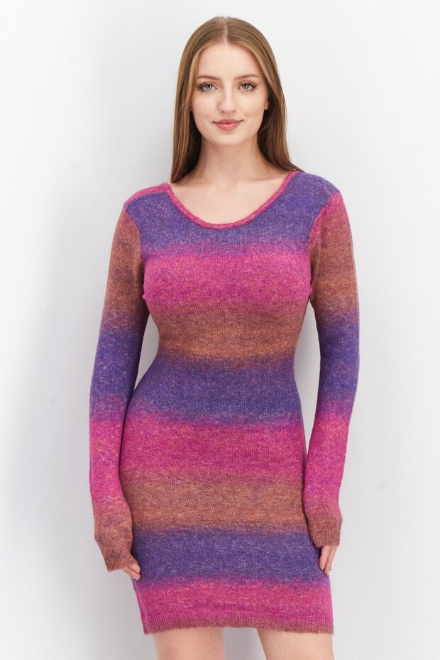 Women U-Neck Long Sleeve Tie Dye Sweater Dress, Multicolor