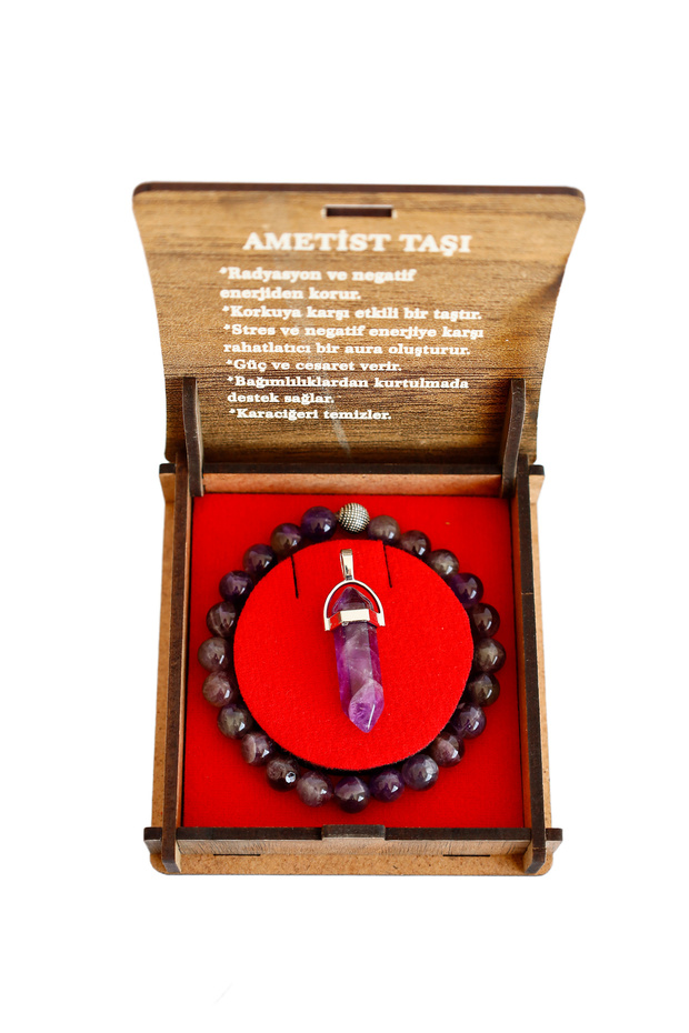Natural Amethyst Stone Boxed Bracelet and Chain Amethyst Necklace Set – Gift Natural Stone with Wooden Box