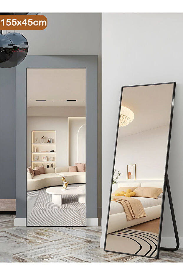 مرآة كبيرة بتصميم أنيق 155×45 سم - مرآة كاملة الطول بإطار معدني أسود وحامل خلفي