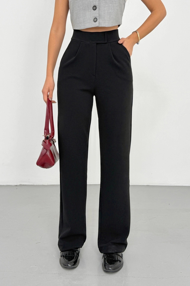 Women's black high-waisted lycra wide leg palazzo pants with hook-and-loop fastening