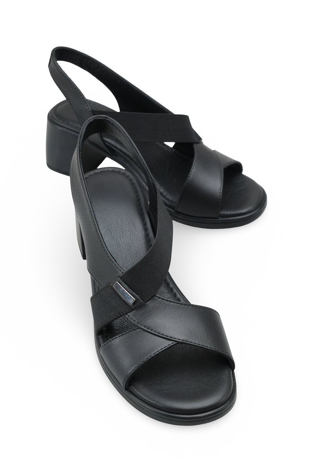 Belaveria Black Women's Cross Strap Detailed Heeled Daily Comfortable Stylish Casual Genuine Leather Sandals