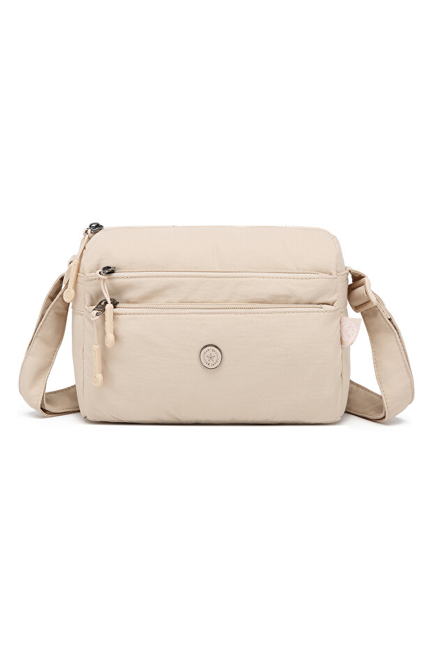 Smart Bags Beige Women's Shoulder Bag Lightweight Fabric Multi-Pocket Crossbody Long Strap