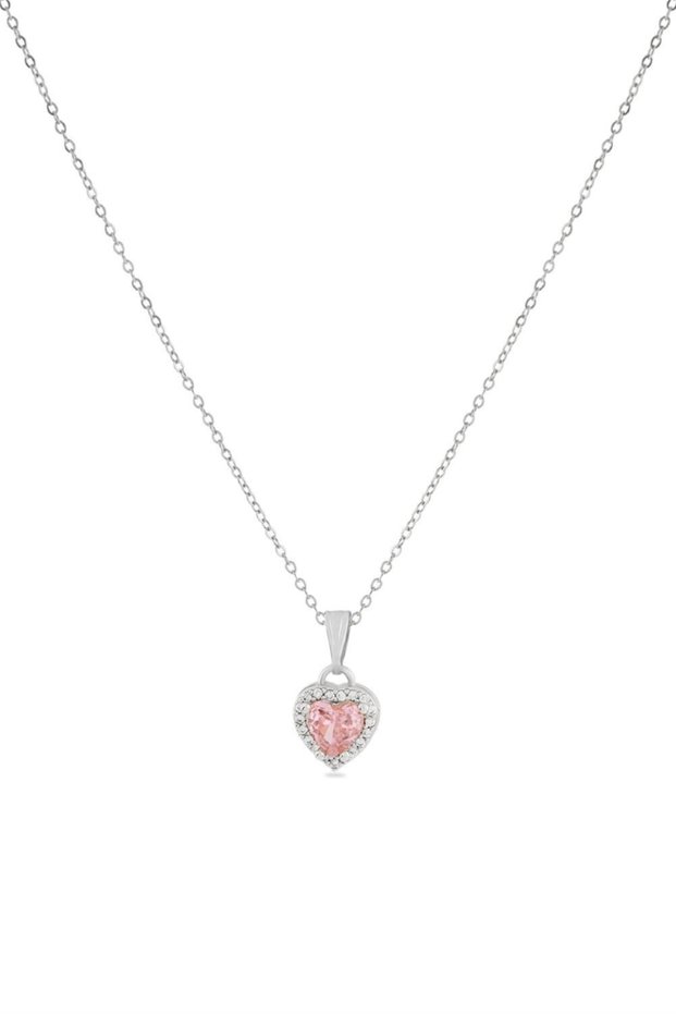Pink Heart Stone Women's Necklace - Stylish Bijoux Necklace with Zircon Frame