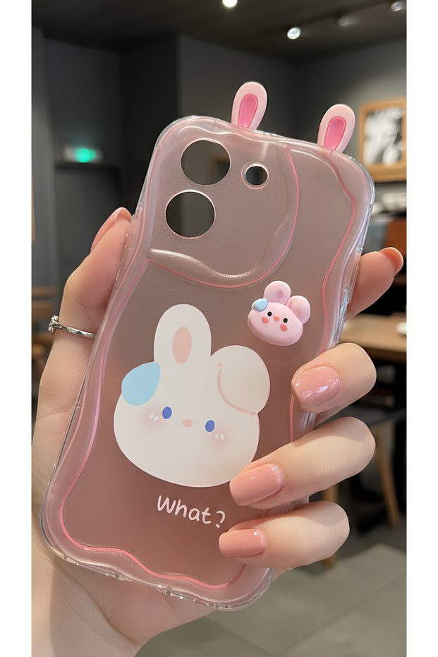 3D Rabbit Ear Design Wavy Edge Transparent Pink Case Compatible with Vivo Y36