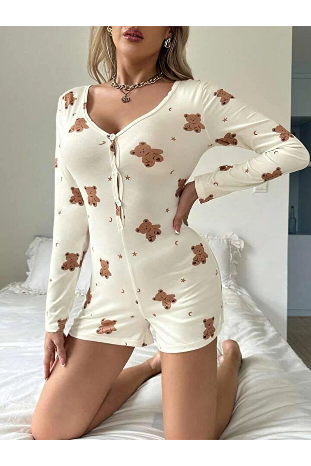 بيجامة قطنية مزينة بأزرار على شكل دمية دب من القطن - 3