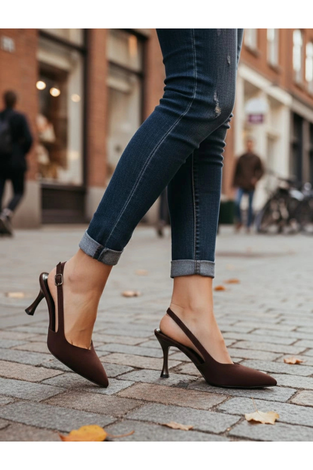 Women's Brown Thin Heeled Pointed Toe Open Back Stylish Evening Dress Stilettos