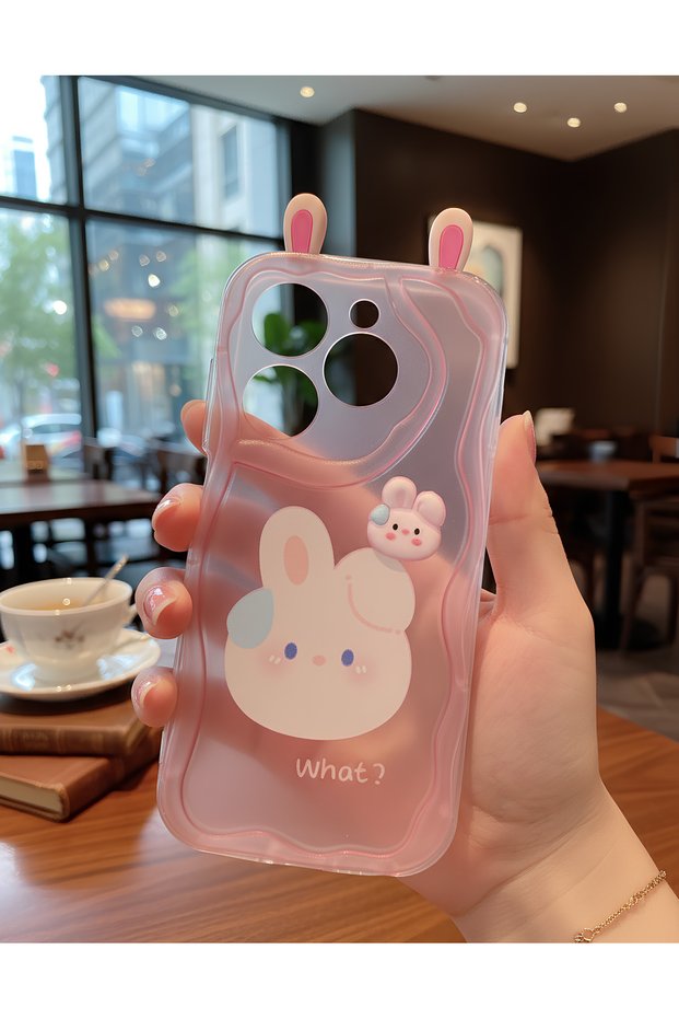 3D Rabbit Ear Design Wavy Edge Transparent Pink Case Compatible with Infinix Hot 40I