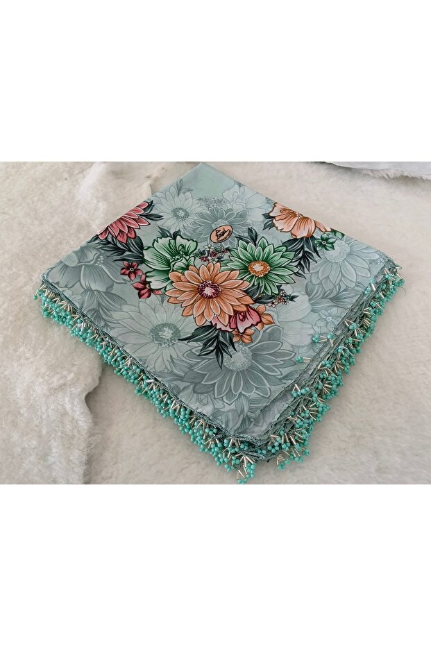 Handmade Patterned Hand Embroidered Cheesecloth with Ring Beads on the Writing Edge Yemeni, Scarf, 4 Sides Embroidered
