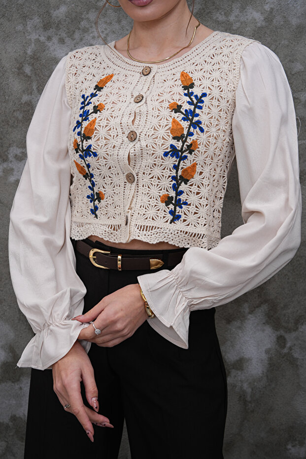Beige Front Buttoned Lace Detail Embroidered Blouse