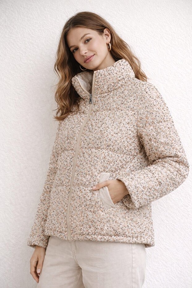 Kadın Pullu Kadife Kapitone Mont - 2