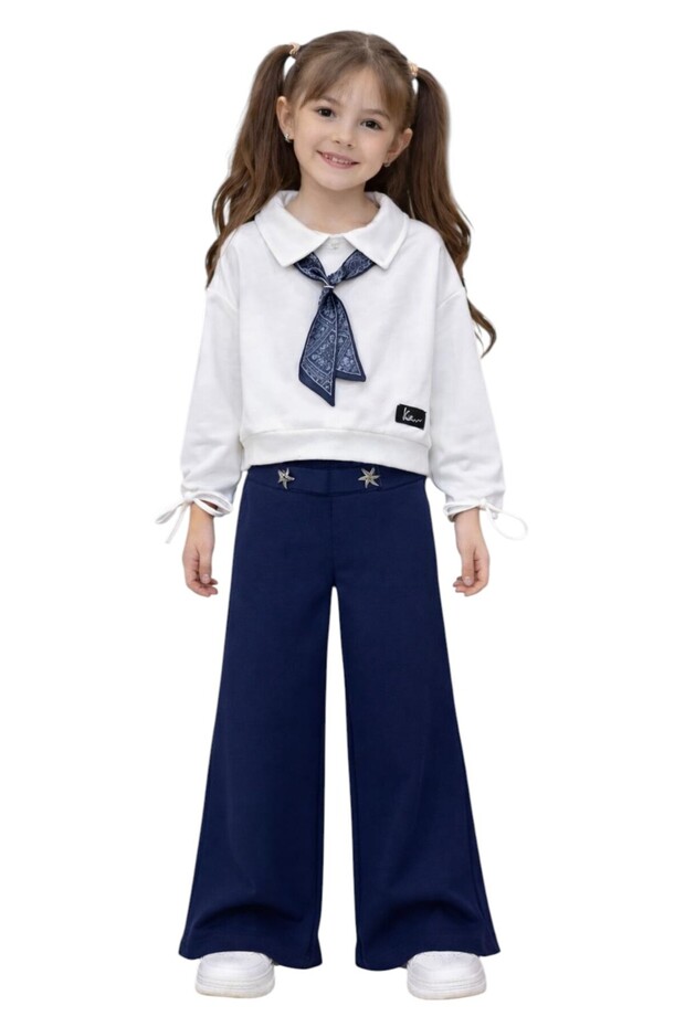 Girl's Scarf and Accessory Set, Shirt Collar, Cotton Trousers, Sweatshirt, Bottom and Top, Two-Piece Set
