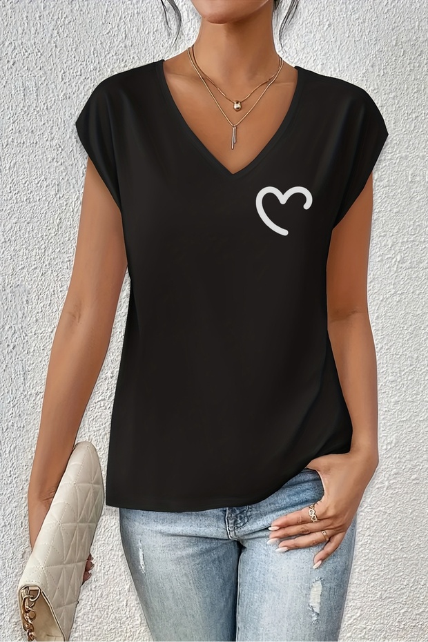 Women's Half Heart Printed V-Neck Loose Oversize T-Shirt