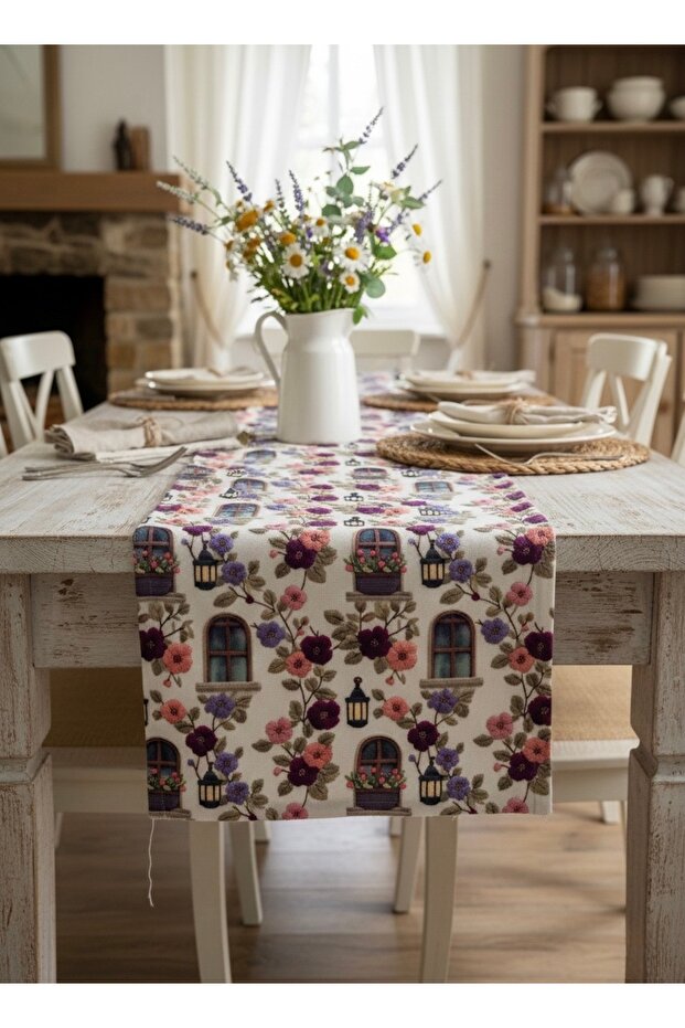 Digital Printed Stain-Resistant Embroidery Effect Floral Italian Houses 40 X 140 Runner